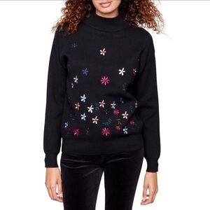Charlie B Women’s Embroidered Floral Black Mock Neck Pullover Sweater Size P/S